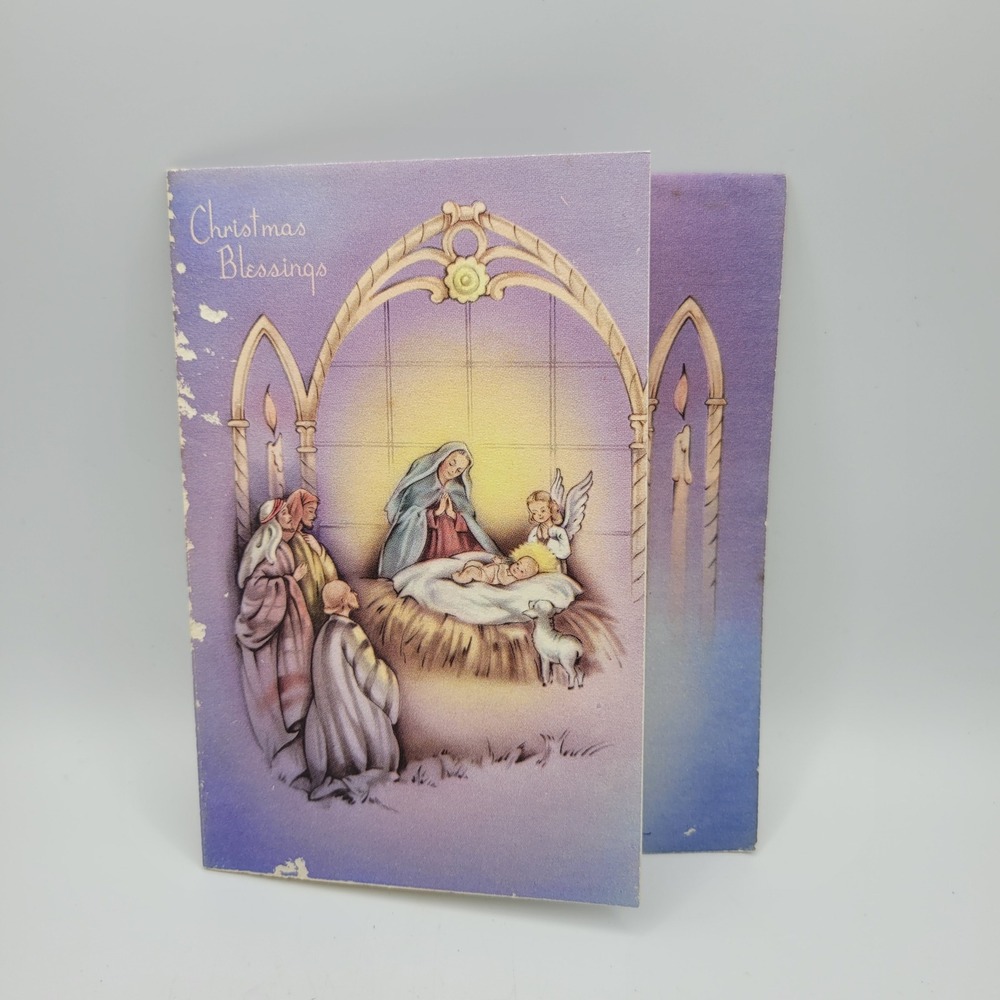 Vintage Christmas Card Nativity Scene Blessings Forget Me Not P 5895 A